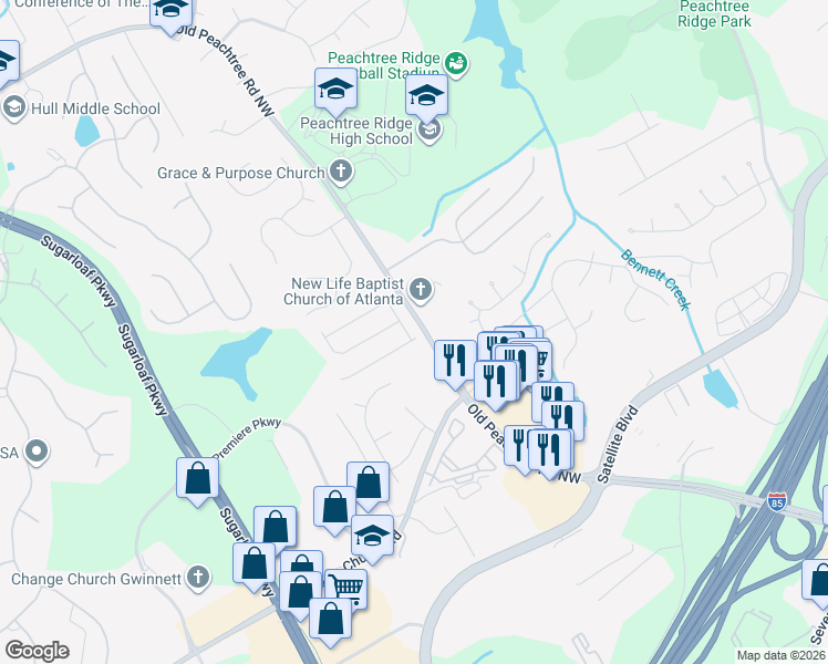 map of restaurants, bars, coffee shops, grocery stores, and more near 2839 Westvale Drive Northwest in Duluth