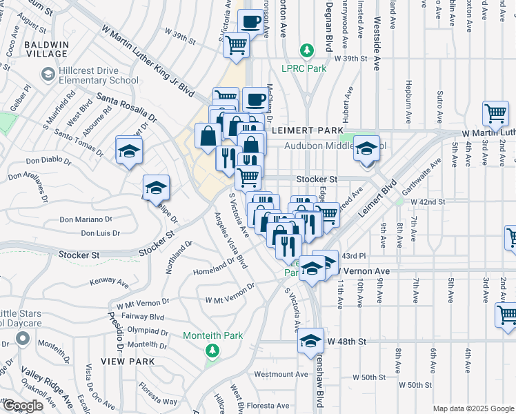 map of restaurants, bars, coffee shops, grocery stores, and more near 4257 Crenshaw Boulevard in Los Angeles