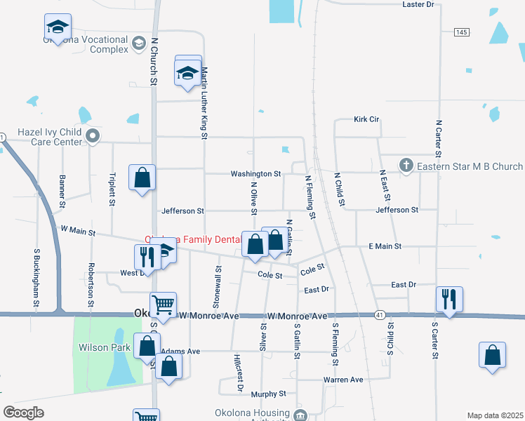 map of restaurants, bars, coffee shops, grocery stores, and more near 106-198 N Olive St in Okolona