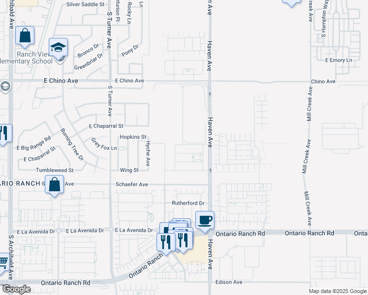 map of restaurants, bars, coffee shops, grocery stores, and more near 3382 East Aspen Street in Ontario