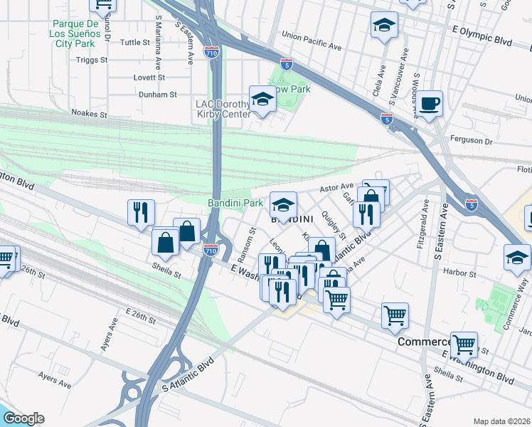 map of restaurants, bars, coffee shops, grocery stores, and more near 4908 Jillson Street in Commerce