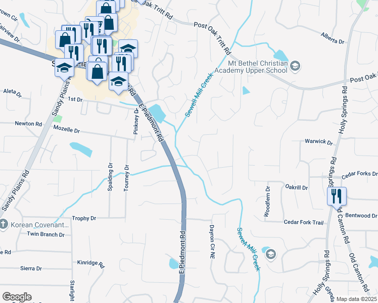 map of restaurants, bars, coffee shops, grocery stores, and more near 2310 Piedmont Forest Drive in Marietta