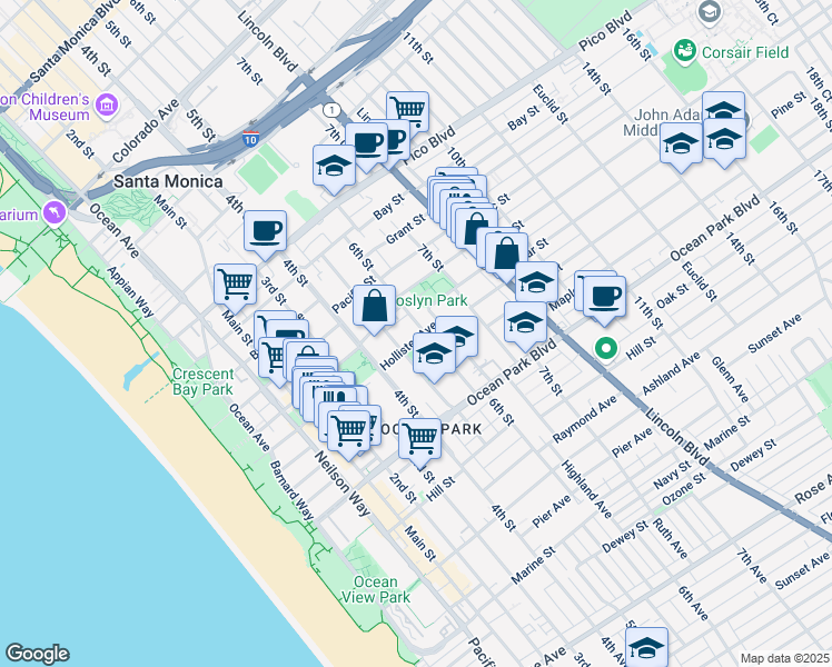 map of restaurants, bars, coffee shops, grocery stores, and more near 521 Hollister Avenue in Santa Monica