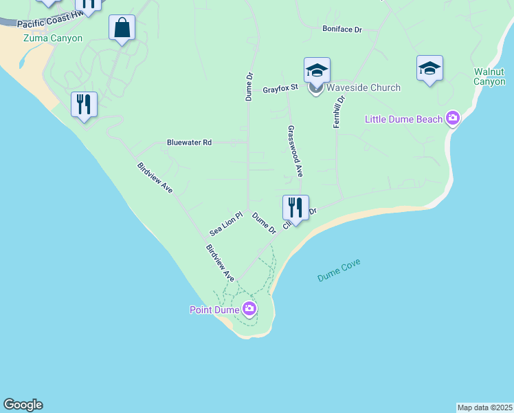 map of restaurants, bars, coffee shops, grocery stores, and more near 7160 Dume Drive in Malibu