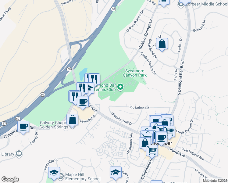 map of restaurants, bars, coffee shops, grocery stores, and more near 22795 Lakeway Drive in Diamond Bar