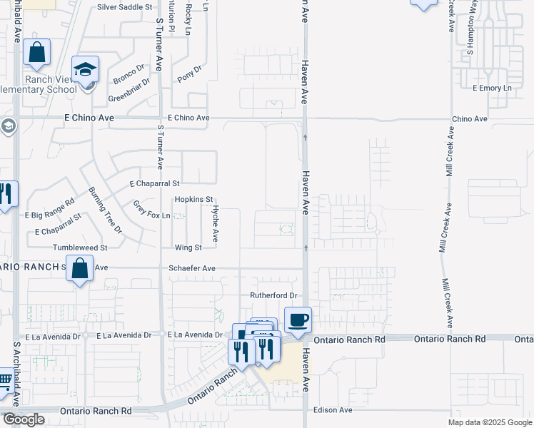 map of restaurants, bars, coffee shops, grocery stores, and more near 3382 East Aspen Street in Ontario