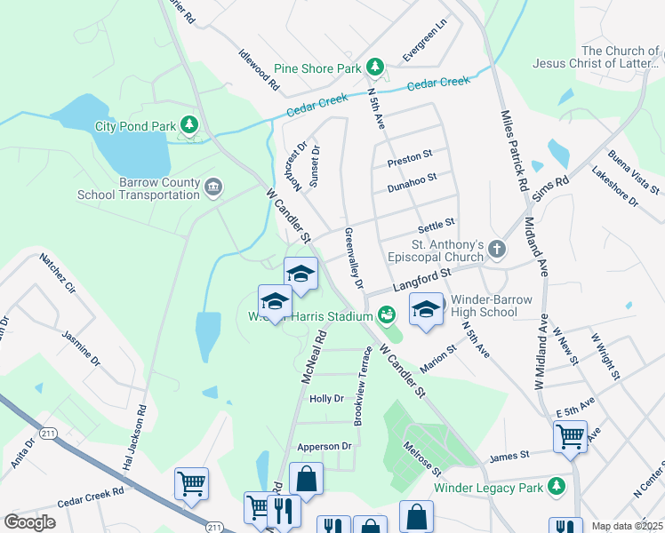 map of restaurants, bars, coffee shops, grocery stores, and more near 294 Mathews Street in Winder
