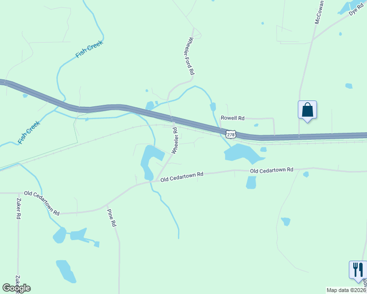 map of restaurants, bars, coffee shops, grocery stores, and more near 77 Wheeler Road in Rockmart