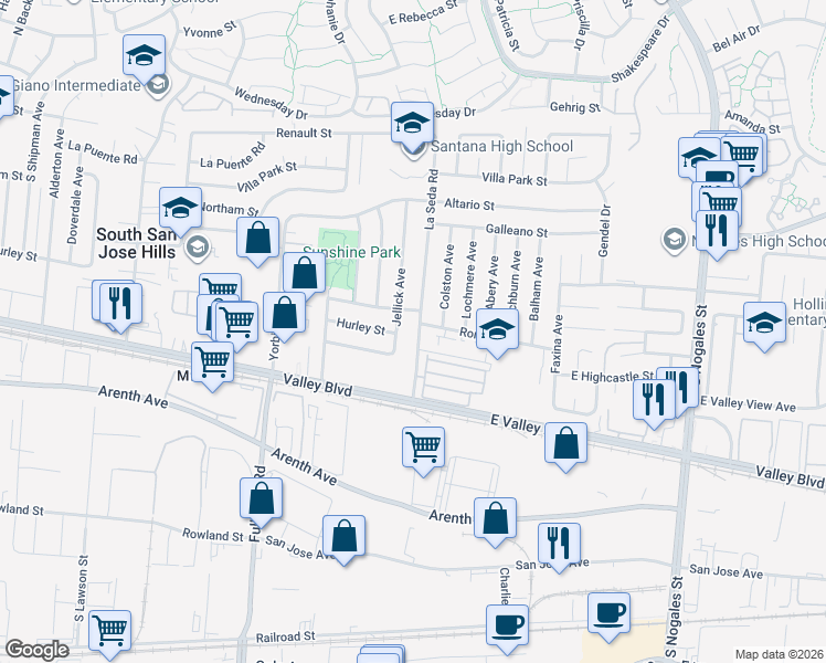 map of restaurants, bars, coffee shops, grocery stores, and more near 609 La Seda Road in La Puente