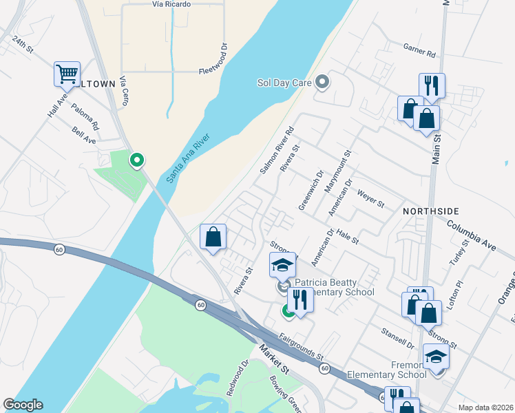 map of restaurants, bars, coffee shops, grocery stores, and more near 4547 Nicole Way in Riverside