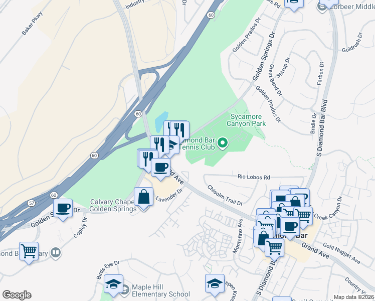 map of restaurants, bars, coffee shops, grocery stores, and more near 22765 Lakeway Drive in Diamond Bar
