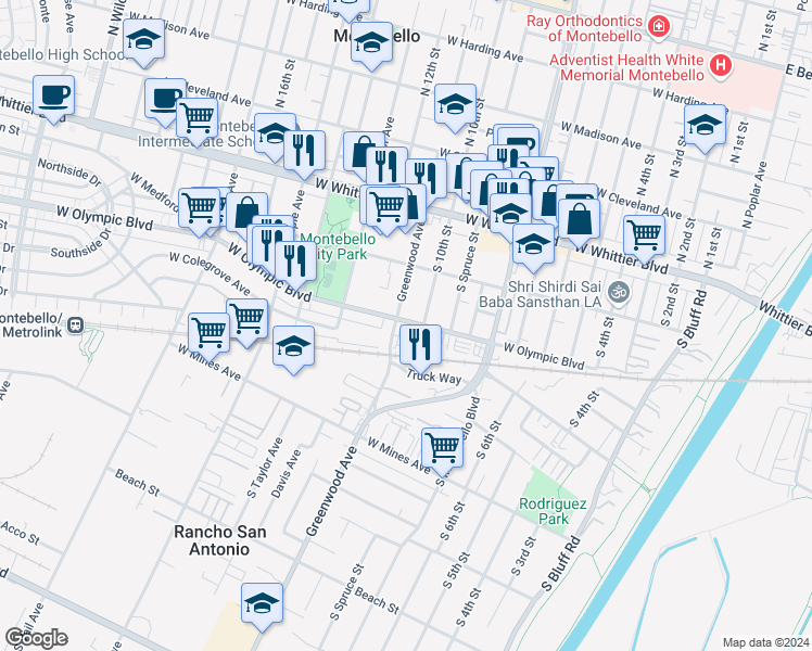 map of restaurants, bars, coffee shops, grocery stores, and more near 1017 Eucalipto Place in Montebello