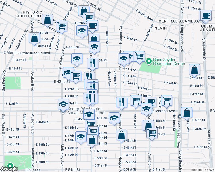 map of restaurants, bars, coffee shops, grocery stores, and more near 1212 East 42nd Place in Los Angeles