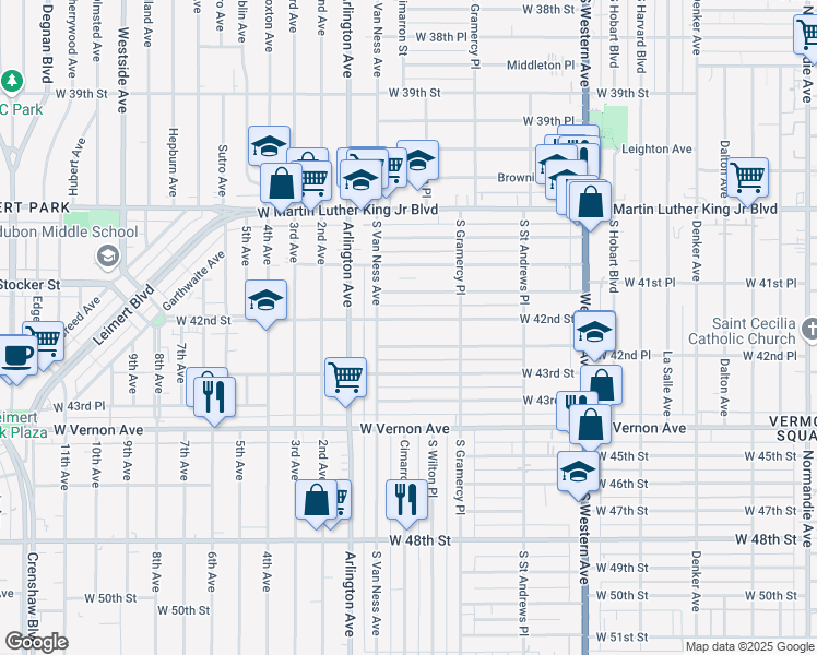 map of restaurants, bars, coffee shops, grocery stores, and more near 1947 West 42nd Place in Los Angeles