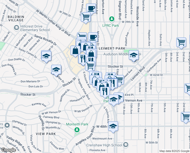 map of restaurants, bars, coffee shops, grocery stores, and more near 4257 Crenshaw Boulevard in Los Angeles