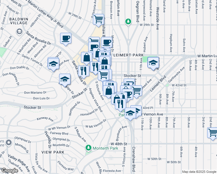 map of restaurants, bars, coffee shops, grocery stores, and more near 4257 Crenshaw Boulevard in Los Angeles
