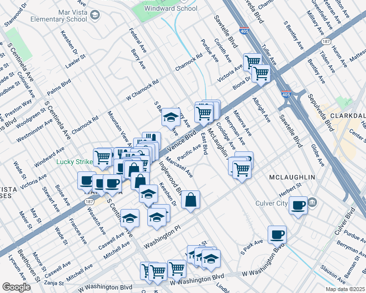 map of restaurants, bars, coffee shops, grocery stores, and more near 11907 Pacific Avenue in Los Angeles