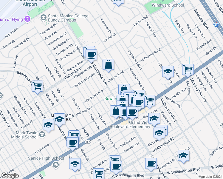 map of restaurants, bars, coffee shops, grocery stores, and more near 3658 South Centinela Avenue in Los Angeles