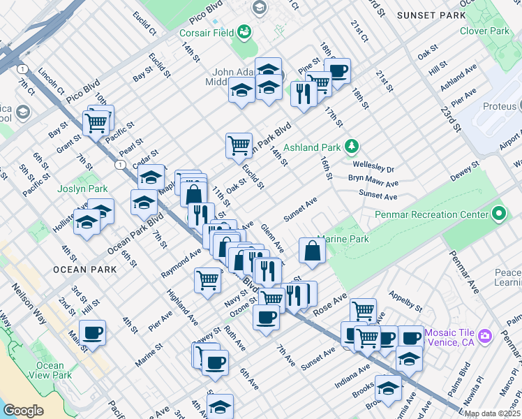 map of restaurants, bars, coffee shops, grocery stores, and more near 1208 Ashland Avenue in Santa Monica