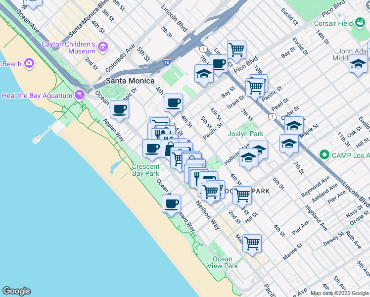 map of restaurants, bars, coffee shops, grocery stores, and more near 241 Pacific Street in Santa Monica