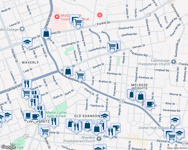map of restaurants, bars, coffee shops, grocery stores, and more near 907 Tree Street in Columbia