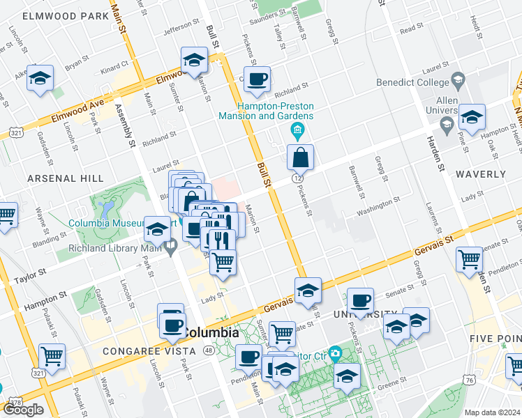 map of restaurants, bars, coffee shops, grocery stores, and more near 1400 Hampton Street in Columbia
