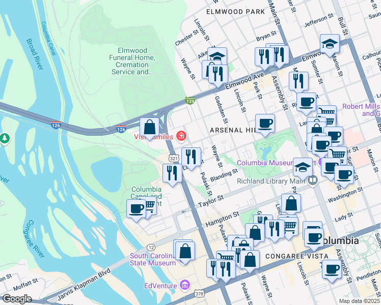 map of restaurants, bars, coffee shops, grocery stores, and more near 119 Arsenal Academy Place in Columbia