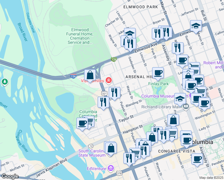 map of restaurants, bars, coffee shops, grocery stores, and more near 119 Arsenal Academy Place in Columbia