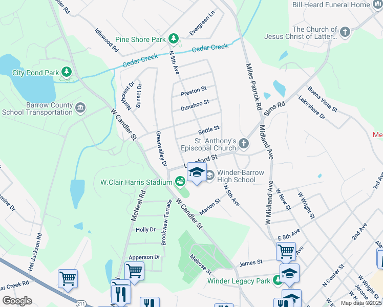 map of restaurants, bars, coffee shops, grocery stores, and more near 156 Sims Street in Winder