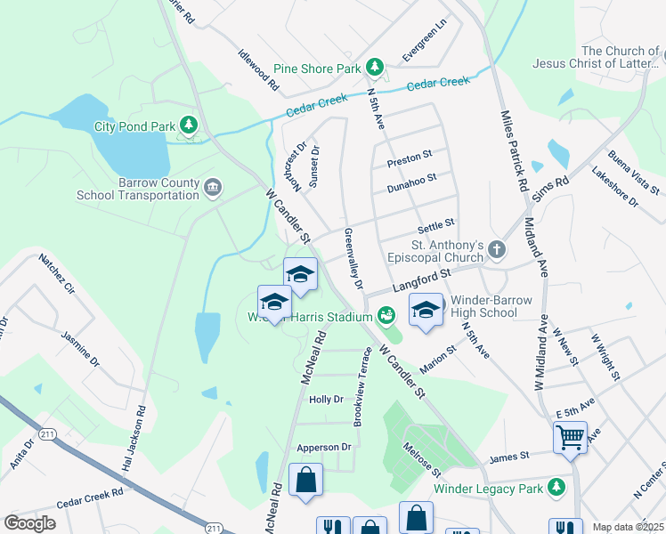 map of restaurants, bars, coffee shops, grocery stores, and more near 294 Mathews Street in Winder