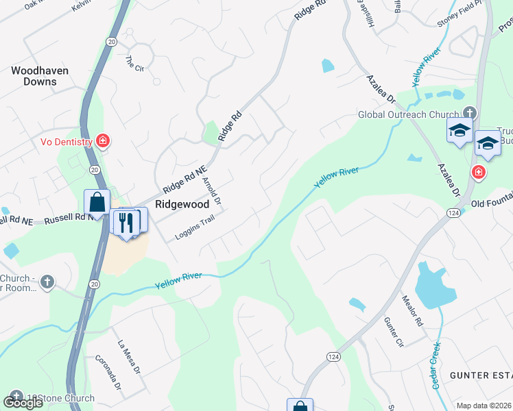 map of restaurants, bars, coffee shops, grocery stores, and more near 464 Cedarshire Way Northeast in Lawrenceville