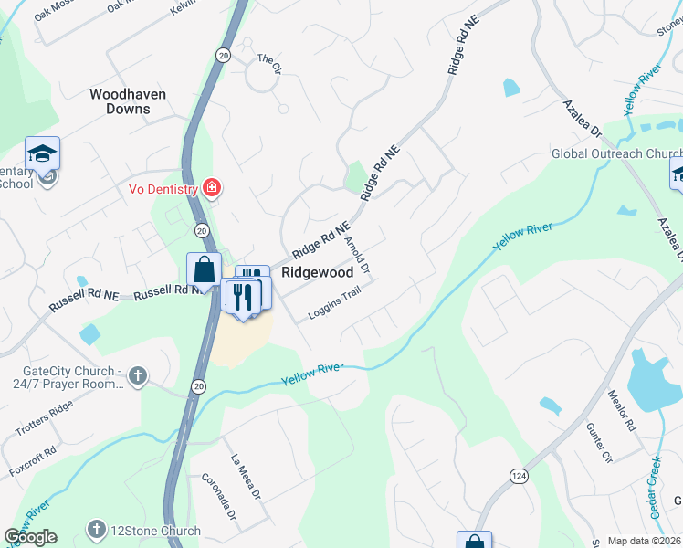 map of restaurants, bars, coffee shops, grocery stores, and more near 805 Loggins Trail in Lawrenceville