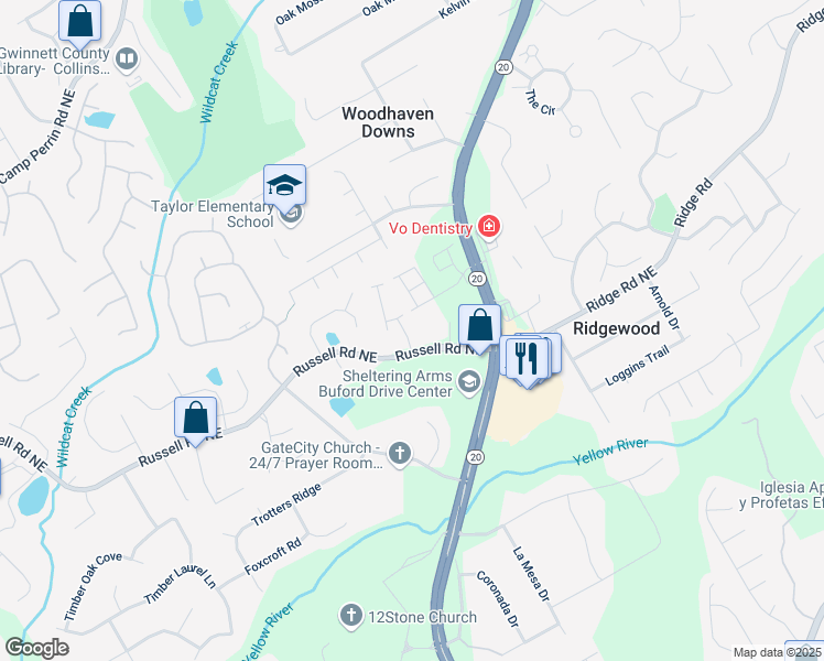 map of restaurants, bars, coffee shops, grocery stores, and more near 1555 Brantin Drive in Lawrenceville