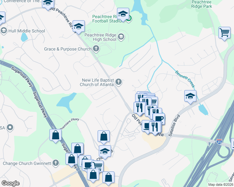 map of restaurants, bars, coffee shops, grocery stores, and more near 2839 Westvale Drive Northwest in Duluth