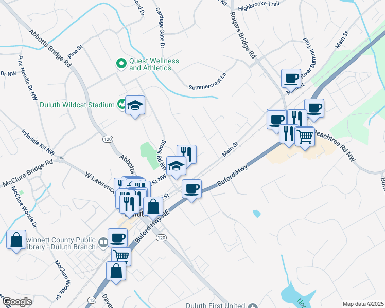 map of restaurants, bars, coffee shops, grocery stores, and more near 2921 Hill Street Northwest in Duluth