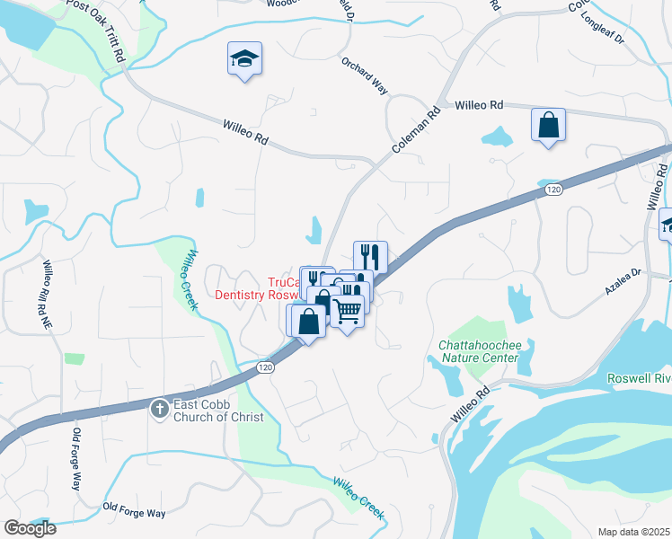 map of restaurants, bars, coffee shops, grocery stores, and more near 4025 Connolly Court in Roswell