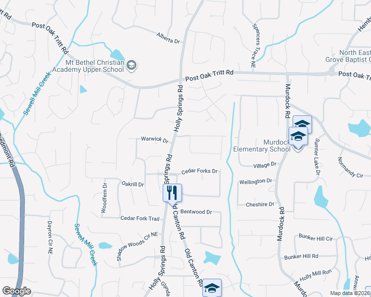 map of restaurants, bars, coffee shops, grocery stores, and more near 2312 Holly Springs Road in Marietta