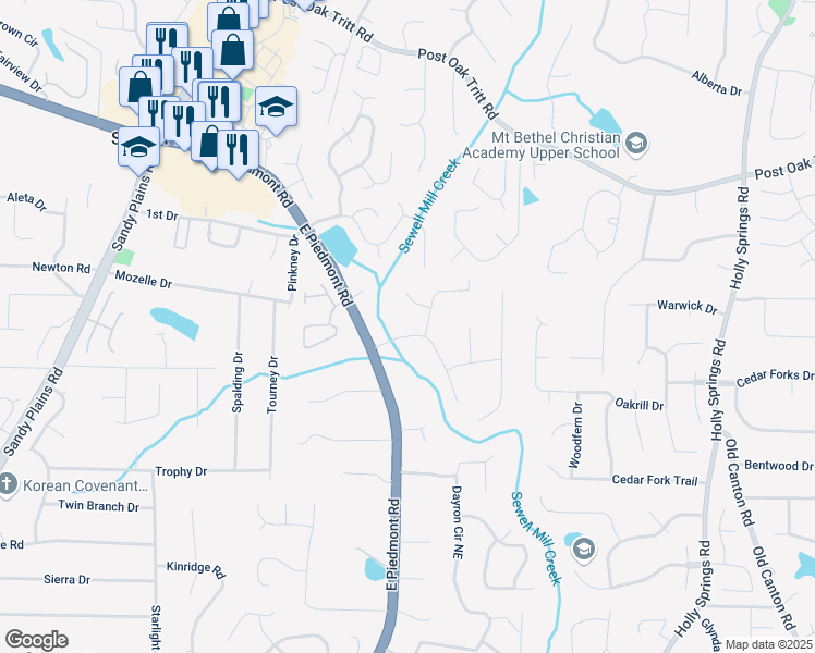 map of restaurants, bars, coffee shops, grocery stores, and more near 2310 Piedmont Forest Drive in Marietta