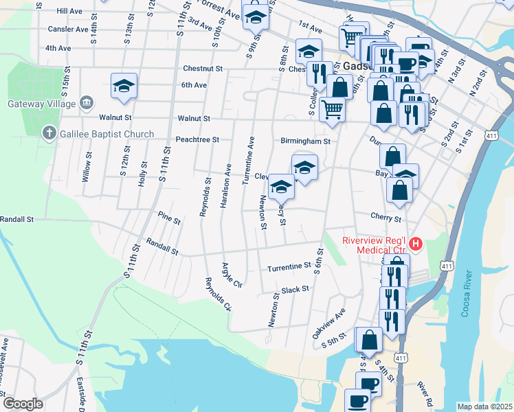 map of restaurants, bars, coffee shops, grocery stores, and more near 810 Park Avenue in Gadsden