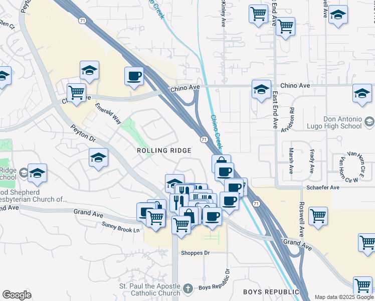 map of restaurants, bars, coffee shops, grocery stores, and more near 13552 Morning Mist Way in Chino Hills