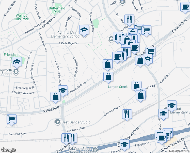 map of restaurants, bars, coffee shops, grocery stores, and more near 673 Castlehill Drive in Walnut