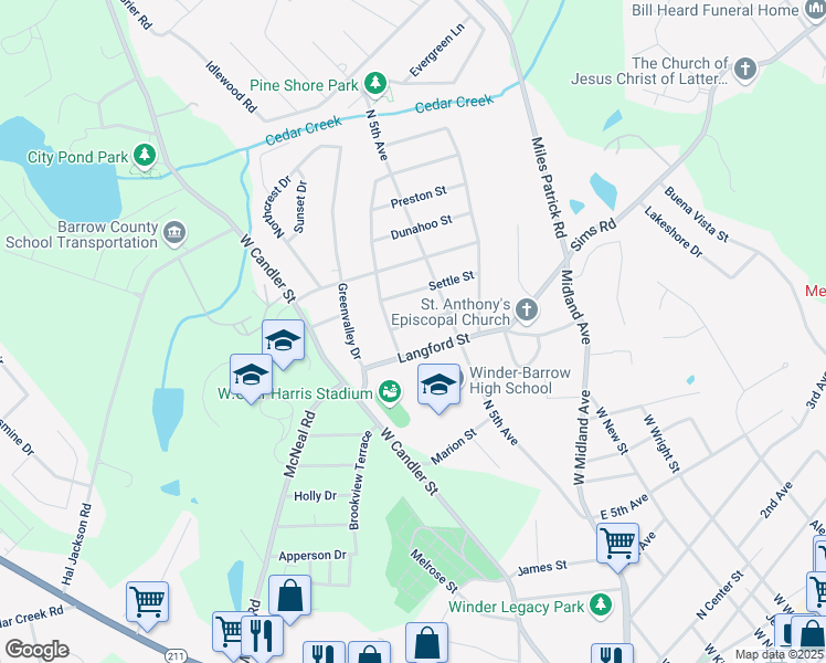 map of restaurants, bars, coffee shops, grocery stores, and more near 156 Sims Street in Winder