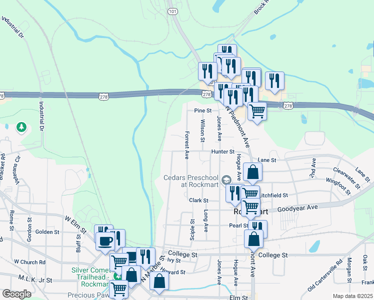 map of restaurants, bars, coffee shops, grocery stores, and more near 823 Forrest Avenue in Rockmart