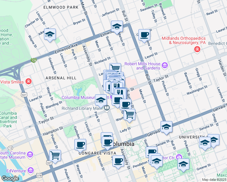 map of restaurants, bars, coffee shops, grocery stores, and more near 1613 Main Street in Columbia