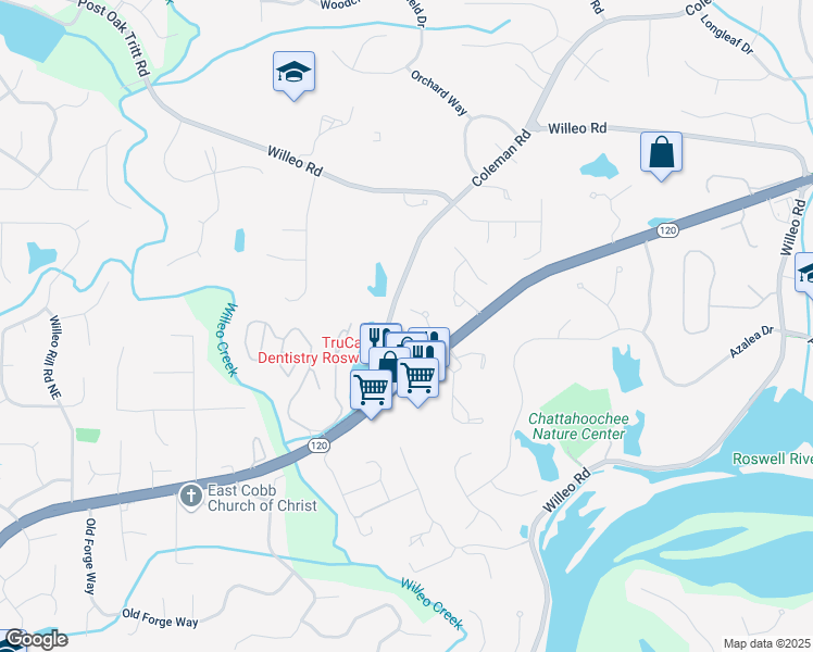 map of restaurants, bars, coffee shops, grocery stores, and more near 4025 Connolly Court in Roswell