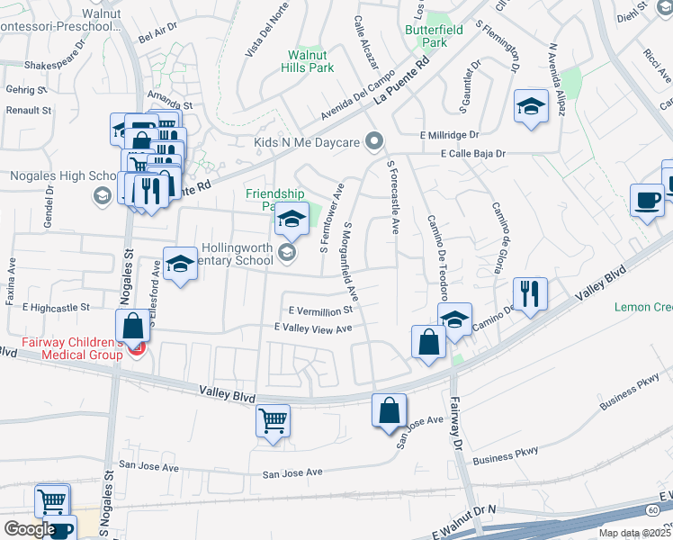 map of restaurants, bars, coffee shops, grocery stores, and more near 3117 East Hollingworth Street in West Covina