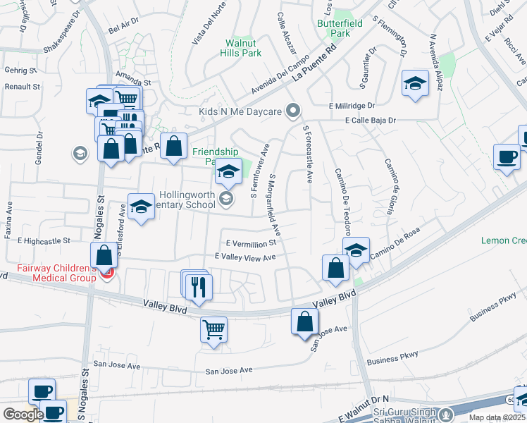 map of restaurants, bars, coffee shops, grocery stores, and more near 3117 East Hollingworth Street in West Covina
