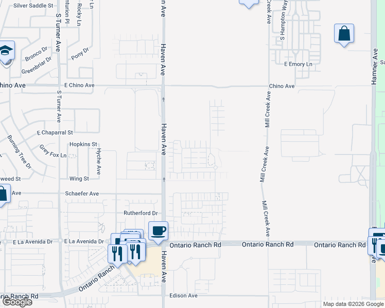 map of restaurants, bars, coffee shops, grocery stores, and more near 3677 South Nexa Paseo in Ontario