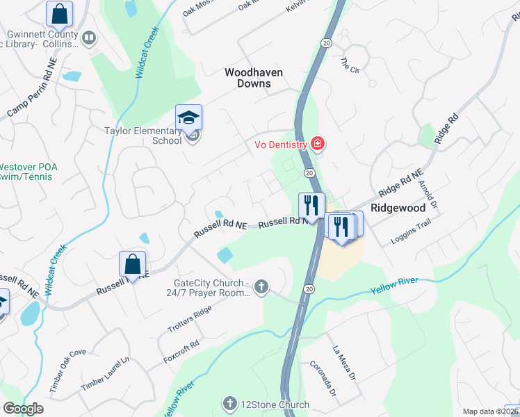 map of restaurants, bars, coffee shops, grocery stores, and more near 547 Russell Road in Lawrenceville
