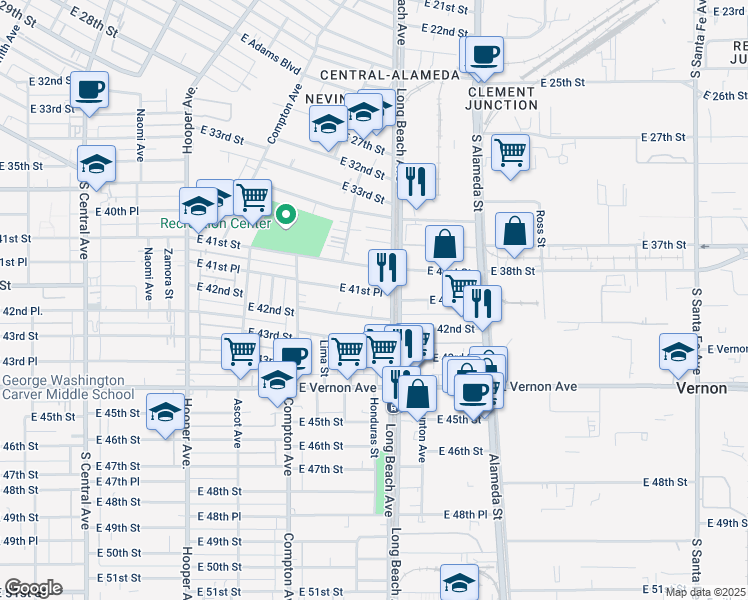 map of restaurants, bars, coffee shops, grocery stores, and more near 1646 East 41st Place in Los Angeles
